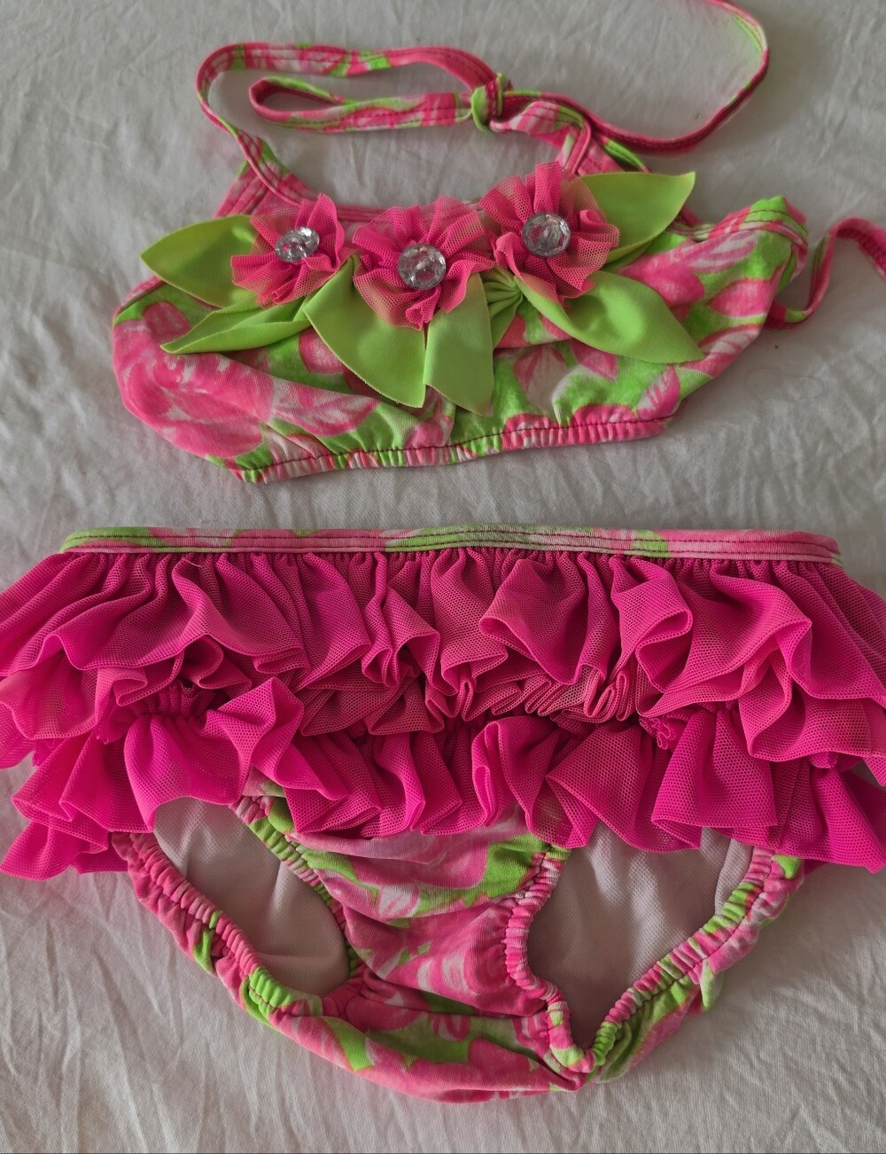 RicRac & Ruffles Blooming Bright Pink Floral Bikini Swimsuit 4T